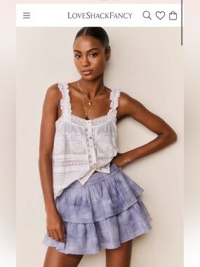 LOVESHACKFANCY Ruffle Mini Hand-Dyed Skirt Color: Blue Indigo Ice. Size P (XS).